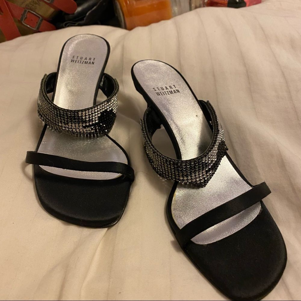 Stuart Weitzman Black Strappy Sparkly Glitter Strap Strappy Kitten Heels🐚